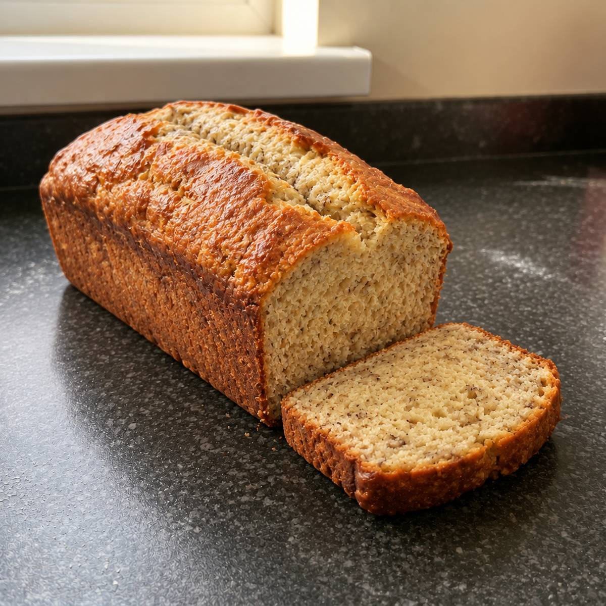 A banana loaf with a golden crust and one long crack along the top, a thick slice cut and laid beside it showing a crumb flecked with banana