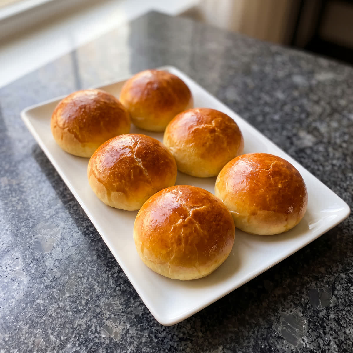 Six soft golden brioche buns, made for burgers and breakfast