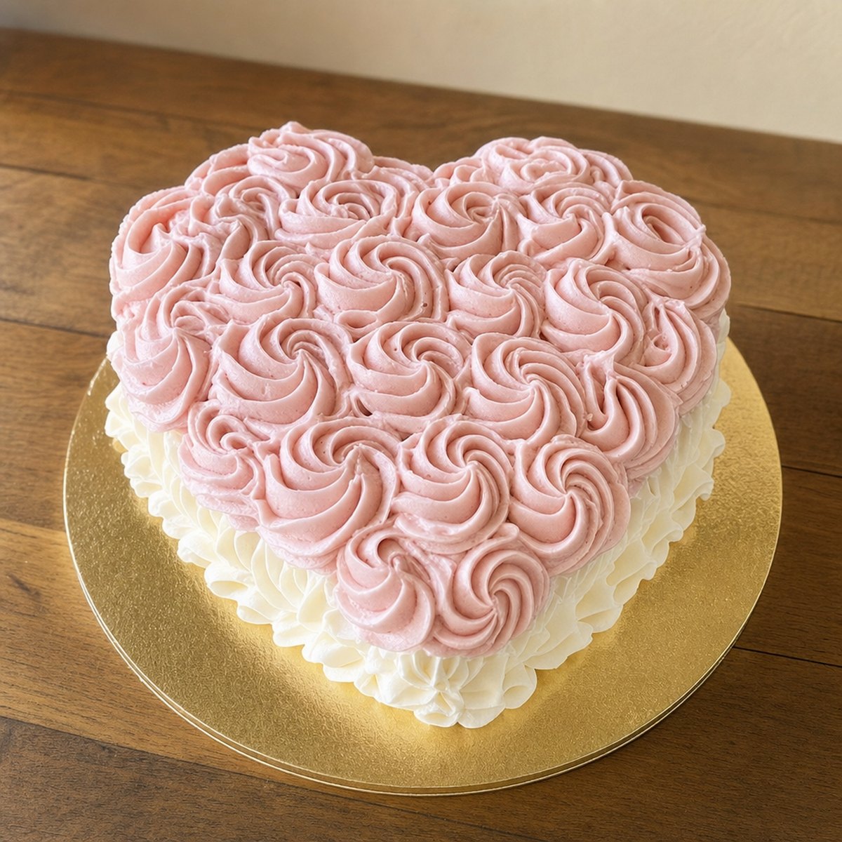 A heart shaped celebration cake covered in hand piped pink buttercream rosettes on a gold cake board