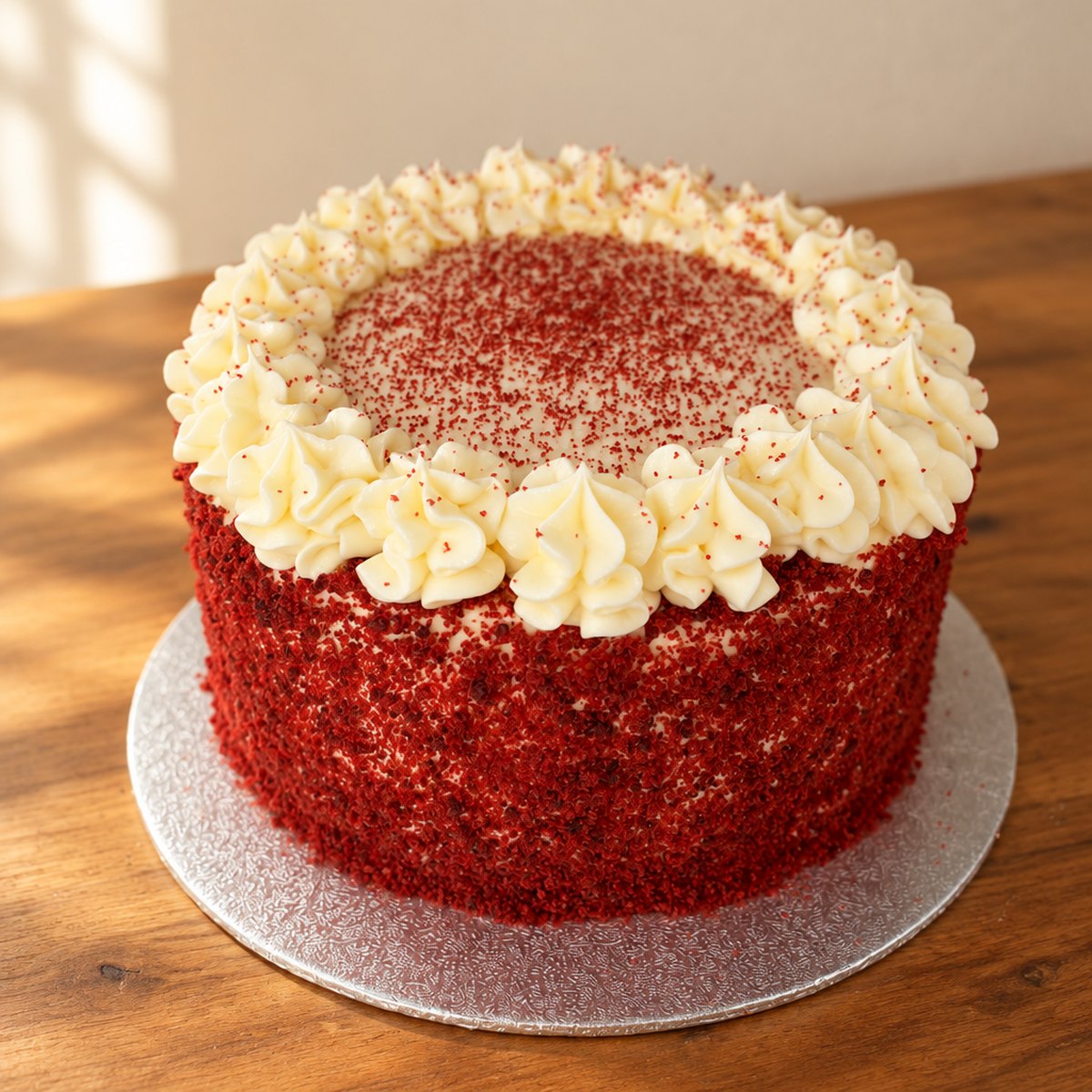 A red velvet cake with deep crimson sponge and white cream cheese frosting, one slice cut to show the crumb