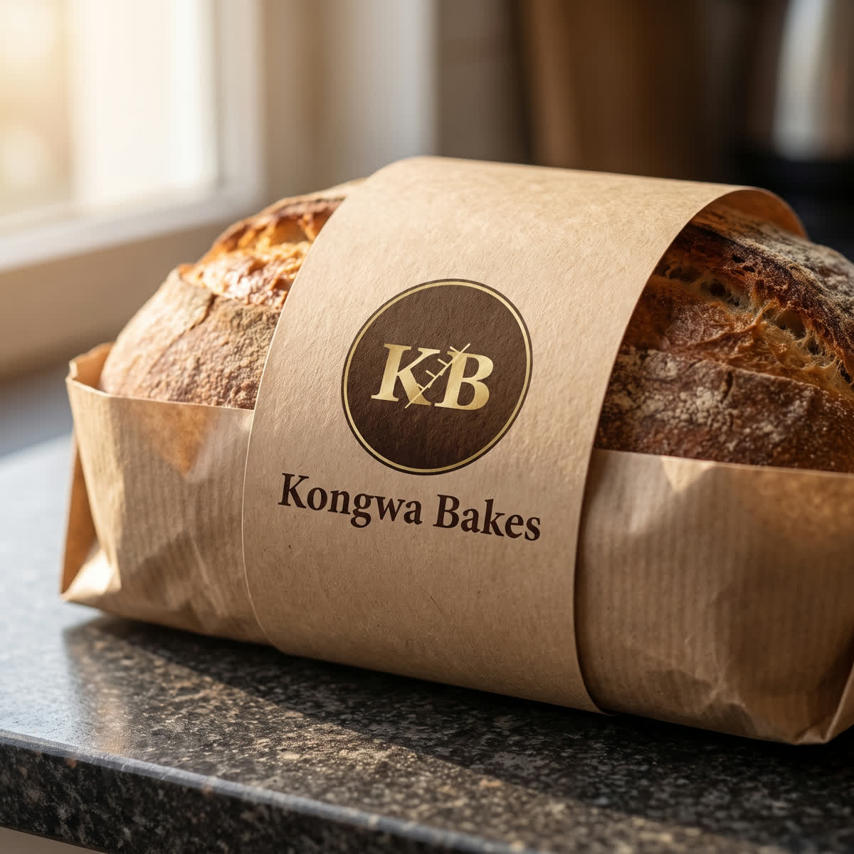 A loaf wrapped in a kraft paper sleeve with the Kongwa Bakes label